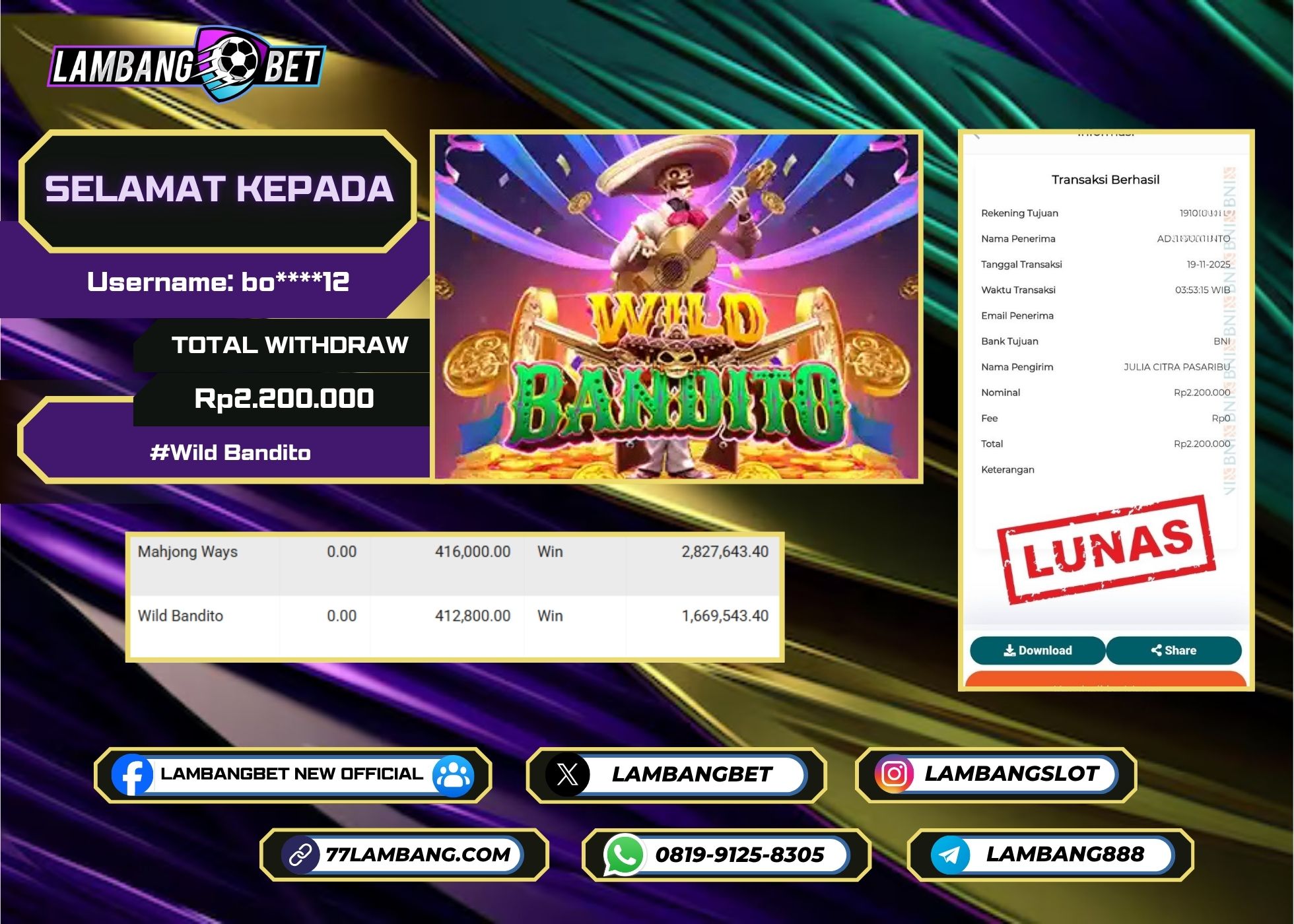 LAMBANGBET [19 NOVEMBER 2025] JACKPOT SLOT Wild Bandito "Rp2.200.000" LUNAS